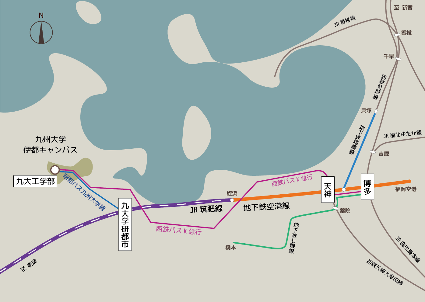 天神・博多方面から伊都キャンパスまでの路線図